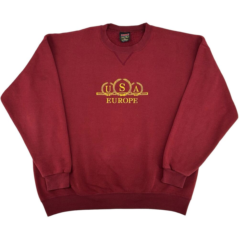 VTG 90s Mens Maroon Red Gold Embroidered Soffe USA Europe Crewneck Sweatshirt XL